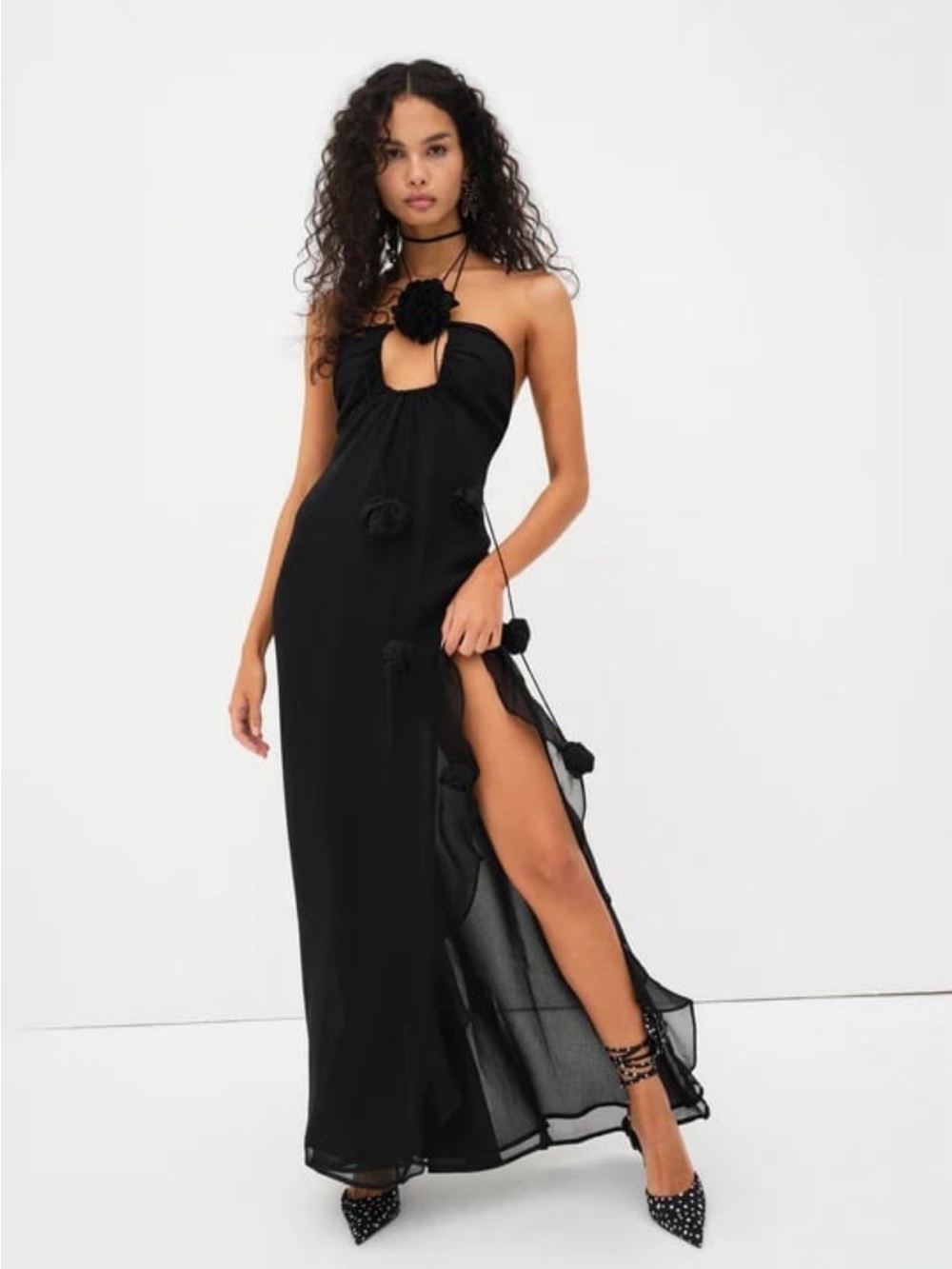 Black Pom-Trim Halter Maxi Dress